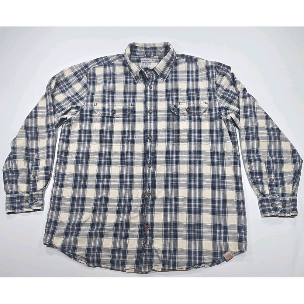 Carhartt Men's XL Regular Blue Beige Plaid Long Sleeve Button Down Shirt Older